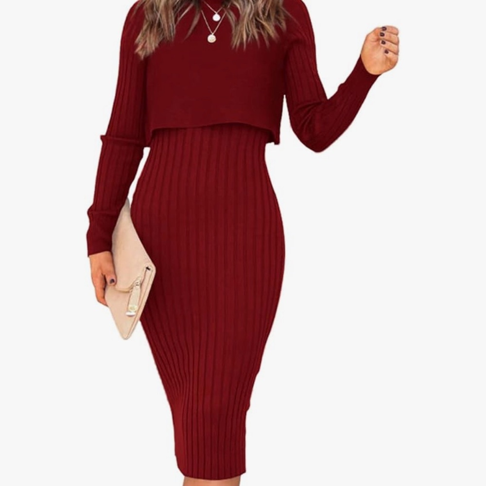 Elegant Burgundy Knit Dress - 2 Piece